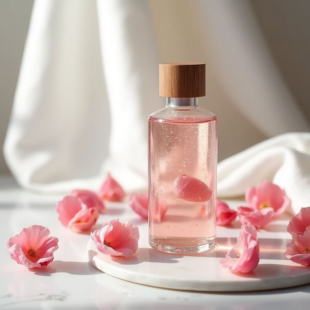 Agua floral de rosa damascena en frasco de vidrio rodeada de pétalos frescos