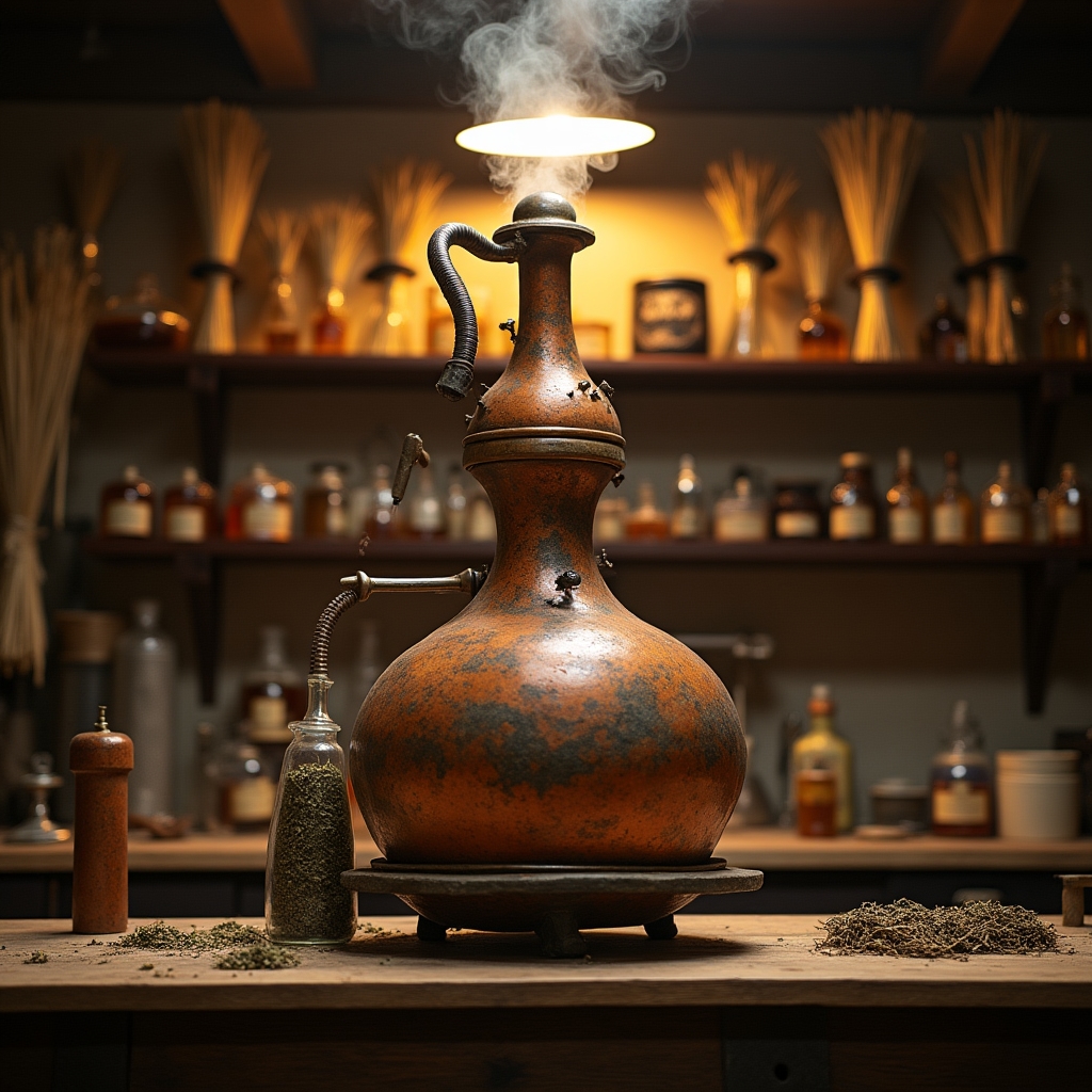 Alambique de cobre artesanal durante el proceso de destilación por vapor