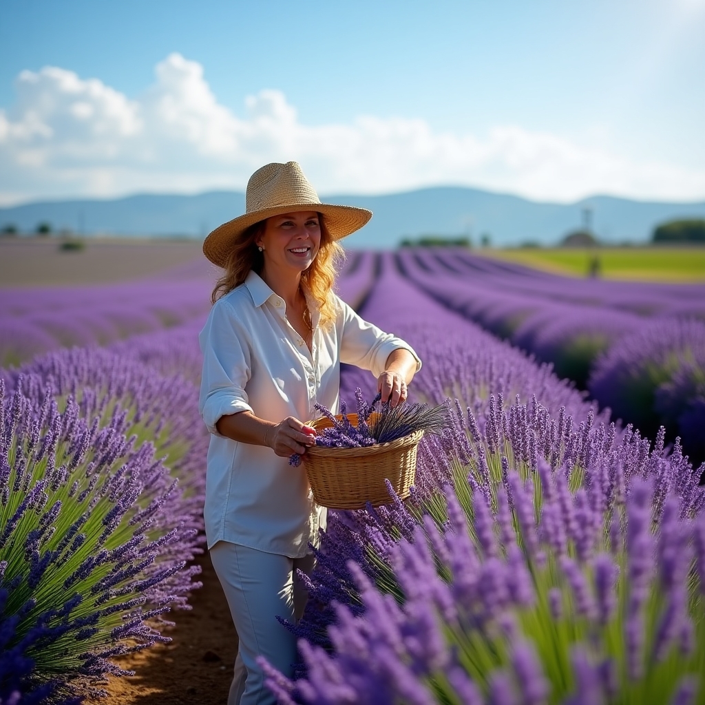 Campo de lavanda en flor en la cuenca mediterránea española con cielo azul al fondo
