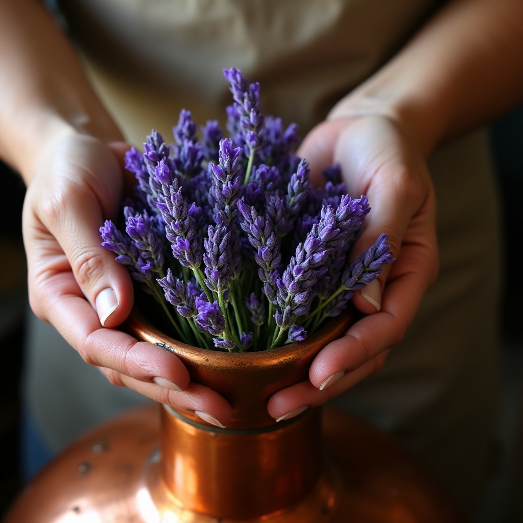 Ramas de lavanda fresca siendo introducidas en el cuerpo del alambique artesanal