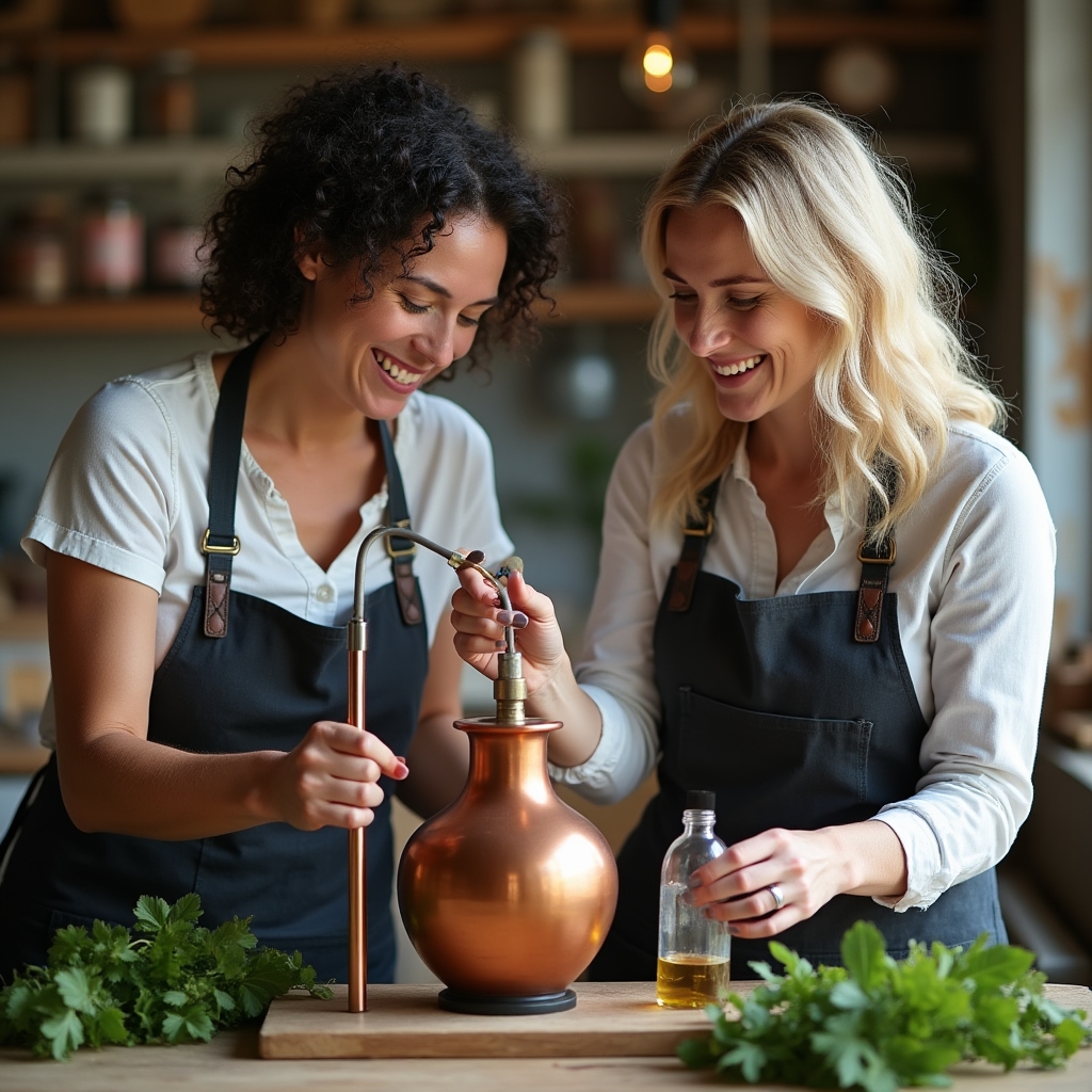Dos personas adultas trabajando juntas en la destilación de plantas aromáticas con equipamiento artesanal