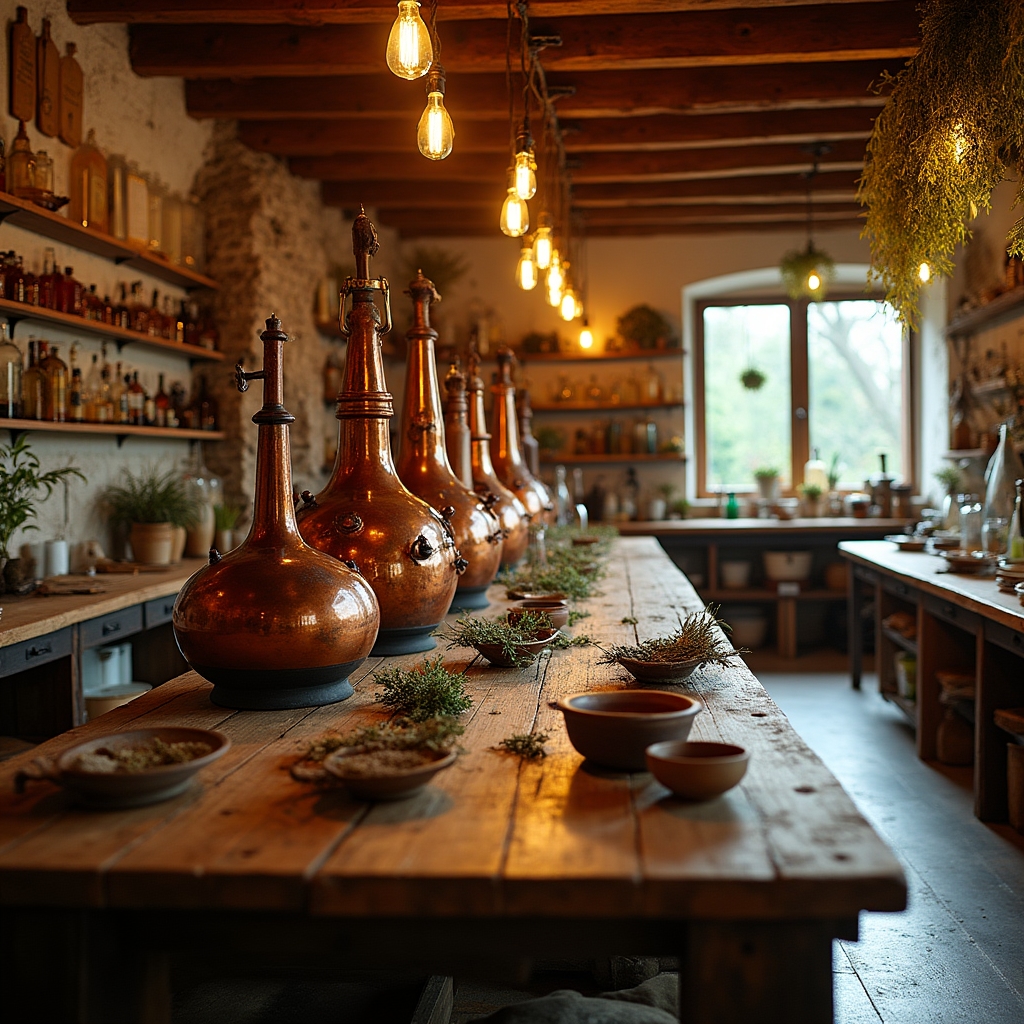 Vista del espacio de taller con alambiques y plantas aromáticas dispuestas sobre mesa de trabajo